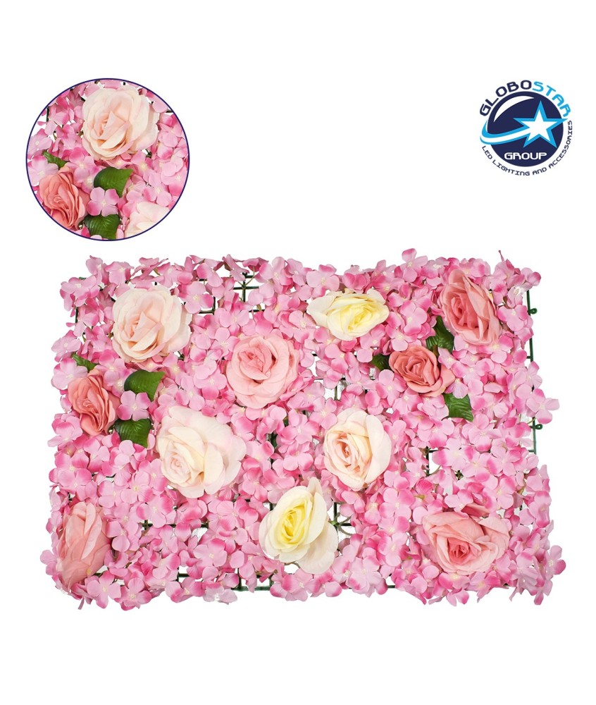 GloboStar® 78307 Συνθετικό Πάνελ Λουλουδιών - Κάθετος Κήπος Τριαντάφυλλο - Ορτανσία Μ60 x Υ40 x Π7cm